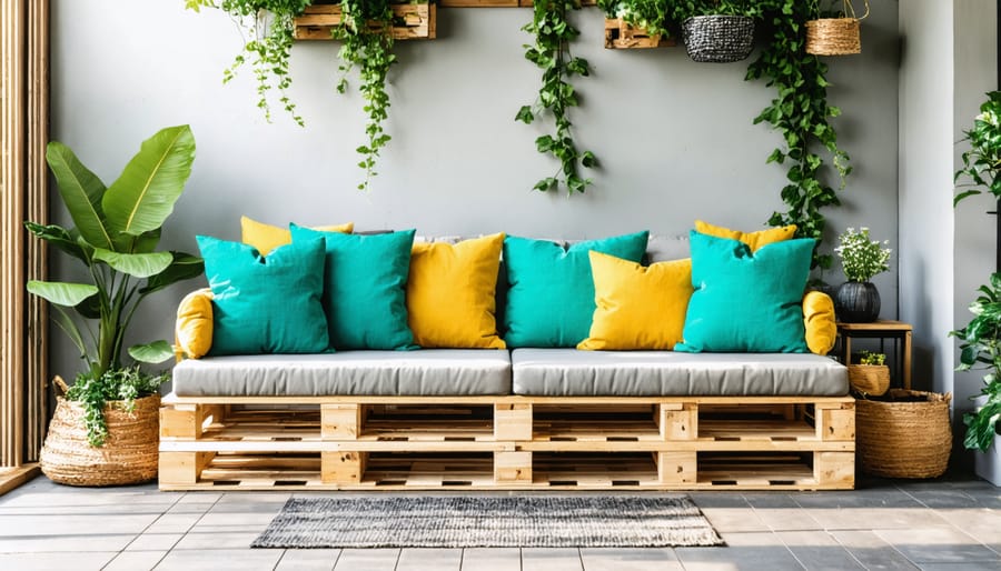 Cozy DIY pallet sofa with colorful cushions on a compact patio