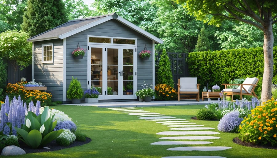 A 3D rendering of a backyard workshop shed with large windows and a gabled roof, surrounded by a well-manicured garden and path, illustrating an ideal combination of functional and aesthetic design.