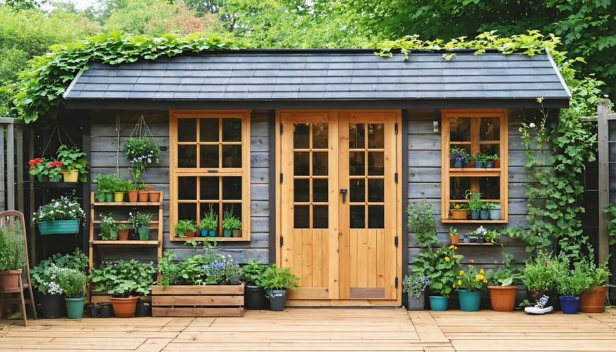 Modern garden shed constructed from reclaimed barn wood with natural lighting and green roof