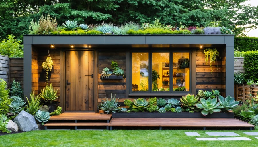 Eco-friendly backyard shed constructed from reclaimed wood, featuring a green roof with succulents and large windows for natural light. The shed includes a rainwater collection system integrated with the roof, set amidst a vibrant garden setting.
