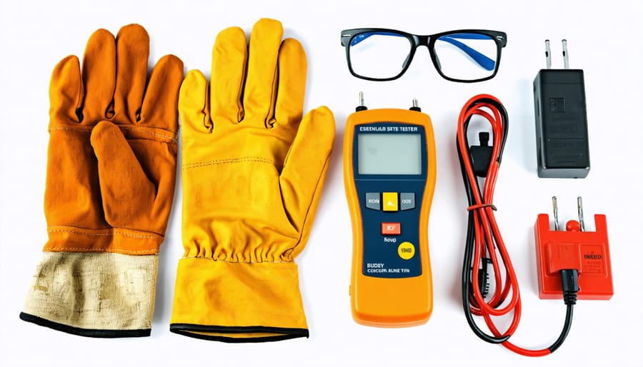 Personal protective equipment (PPE) for electrical work including insulated gloves, voltage tester, and safety glasses