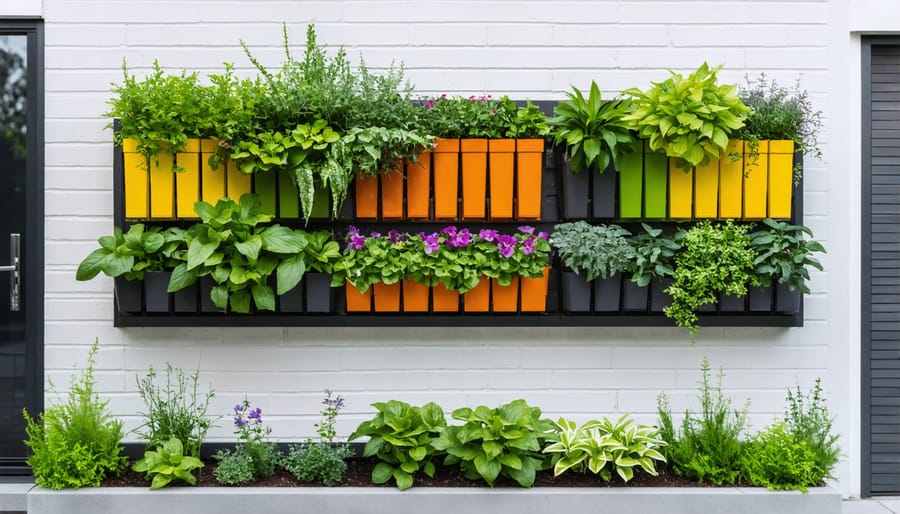 Modern vertical garden system mounted on a wooden fence with multiple pocket planters containing cascading flowers and herbs