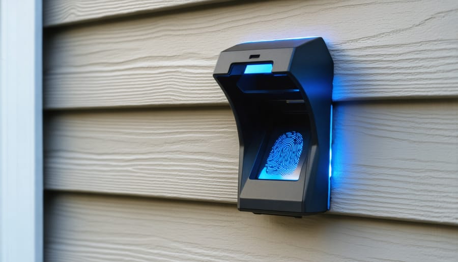 Modern fingerprint scanner with glowing blue interface mounted on metal shed surface