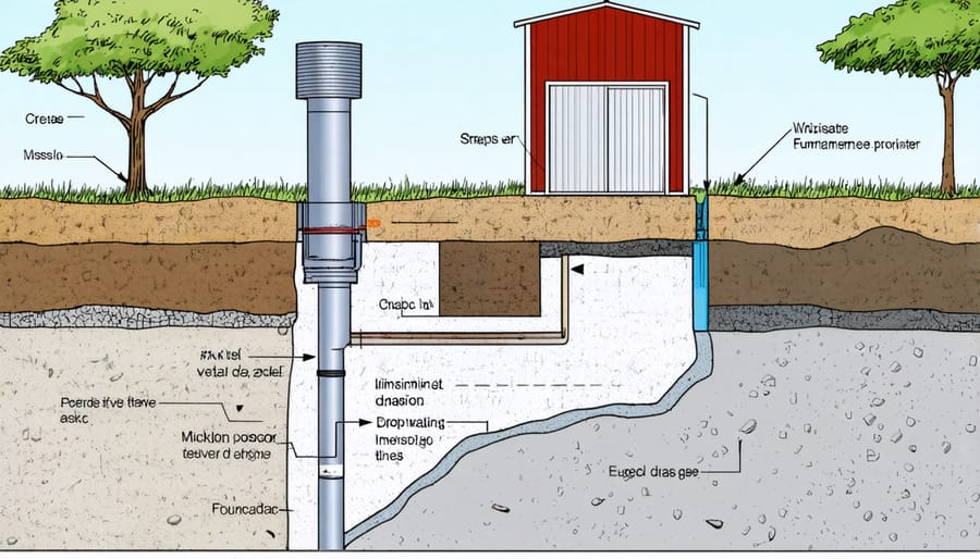 Illustrated cross-section showing drainage layers and slope requirements for shed foundation