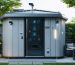 High-tech shed in a backyard, showcasing smart technology features like security cameras, smart locks, and environmental sensors to illustrate advanced storage solutions.