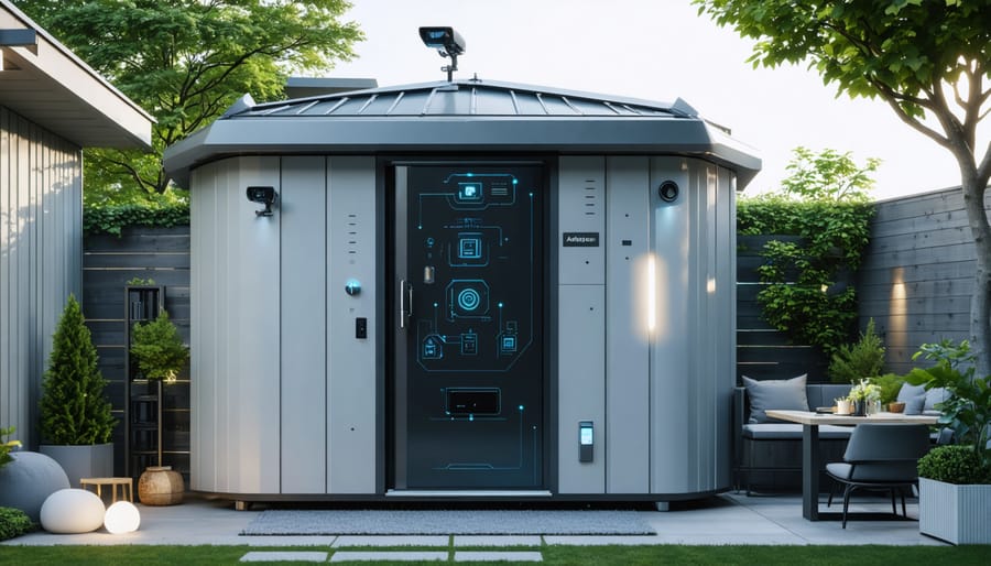 High-tech shed in a backyard, showcasing smart technology features like security cameras, smart locks, and environmental sensors to illustrate advanced storage solutions.