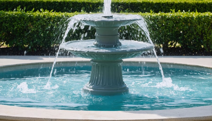 Multi-level garden fountain demonstrating water flow patterns for optimal sound masking
