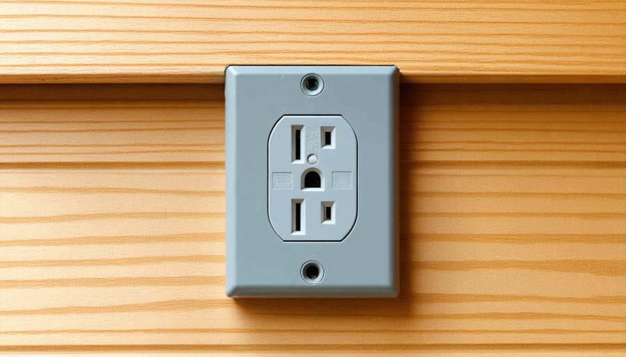Weather-resistant GFCI outlet installation with protective cover in a storage shed