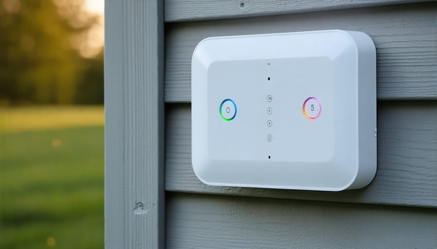 Hubz smart controller device mounted inside a wooden shed with glowing status lights