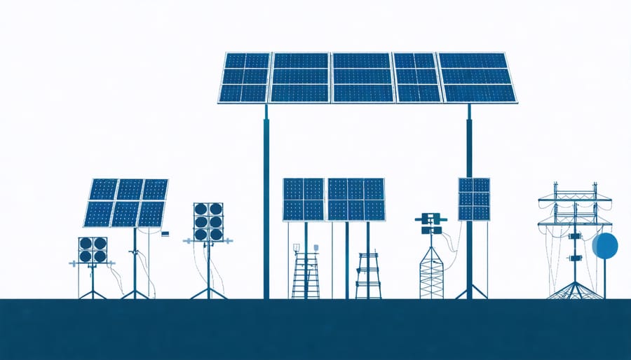 Diagram illustrating integration of solar panels and wind turbine with battery storage