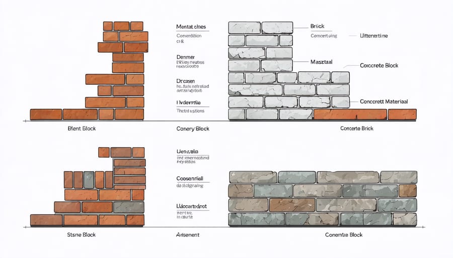 Labeled diagram showing cross-sections of different load-bearing masonry materials