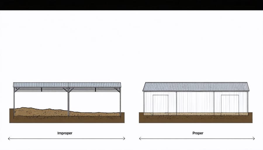 Diagram showing correct and incorrect weight distribution patterns for metal shed foundations