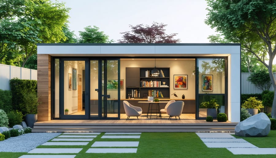 Contemporary modular office shed with glass doors and professional finish