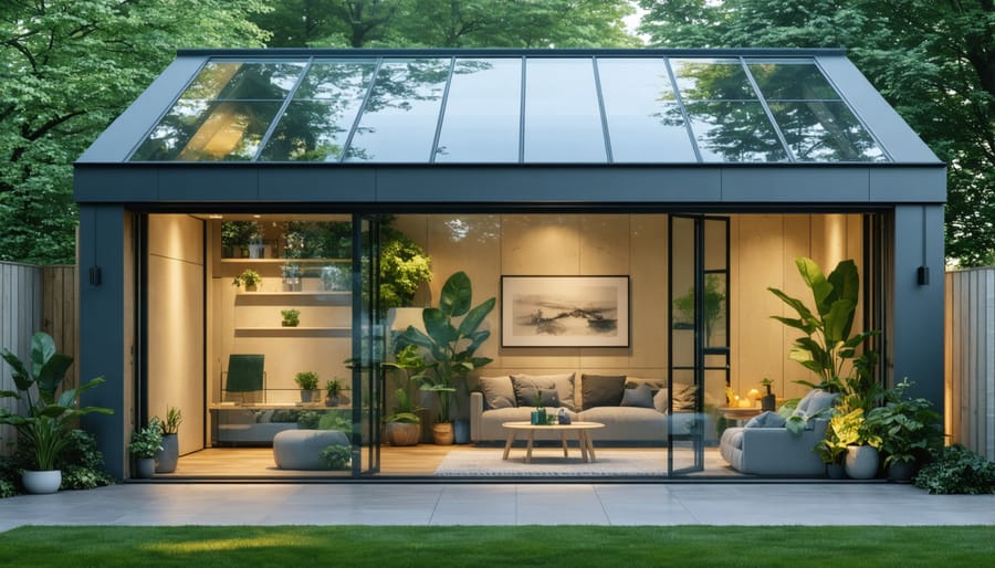 Bright garden shed interior showcasing natural lighting through strategically placed windows and skylights