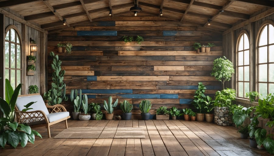 Close-up of shed wall showing mixed natural materials including weathered wood and stone textures