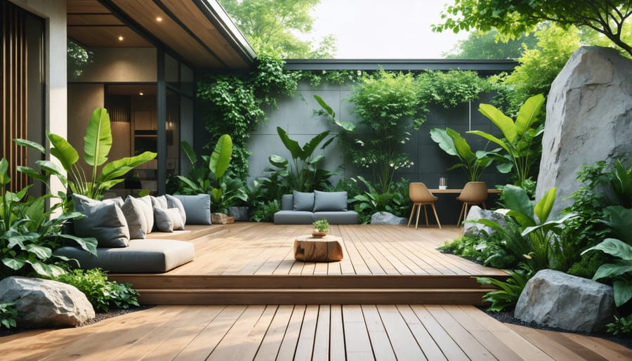Peaceful outdoor office setup with wooden desk and natural materials