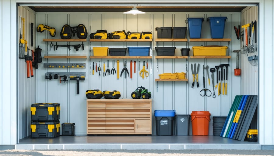 Well-organized garden shed with multiple shelving solutions showcasing efficient storage