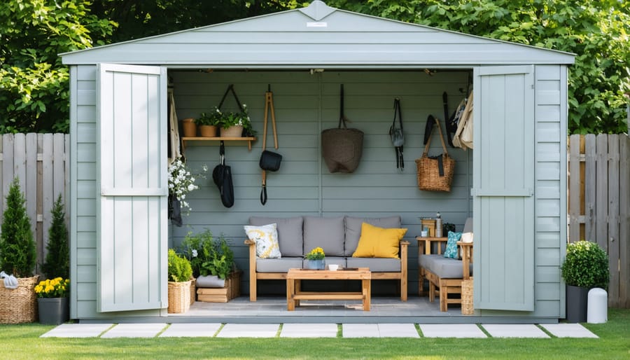 Organized garden shed showing covered patio furniture with UV-protected windows and proper ventilation