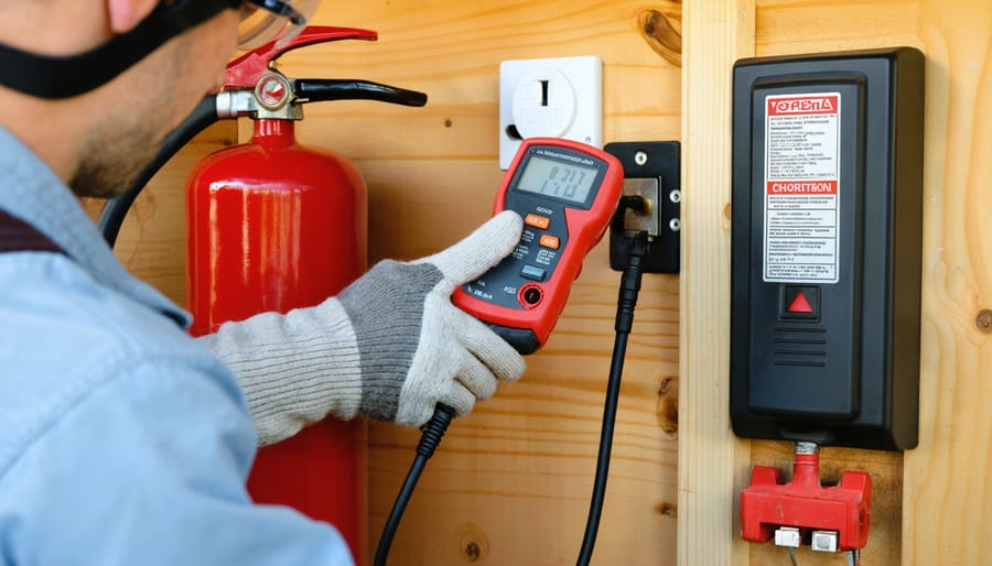 A person wearing OSHA-recommended protective gear, including insulated gloves and safety glasses, using a voltage tester on an electrical outlet inside a shed. Visible safety equipment includes a fire extinguisher and a clearly labeled circuit breaker panel.