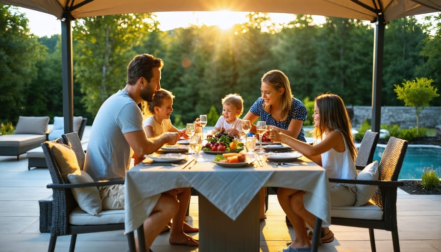 Family gathering for dinner under illuminated Z Shade canopy in backyard