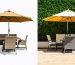 Side-by-side comparison showing outdoor furniture under sun exposure; one set visibly faded and damaged while the other is vibrant and well-preserved, with a protective cover and UV-resistant spray evident.
