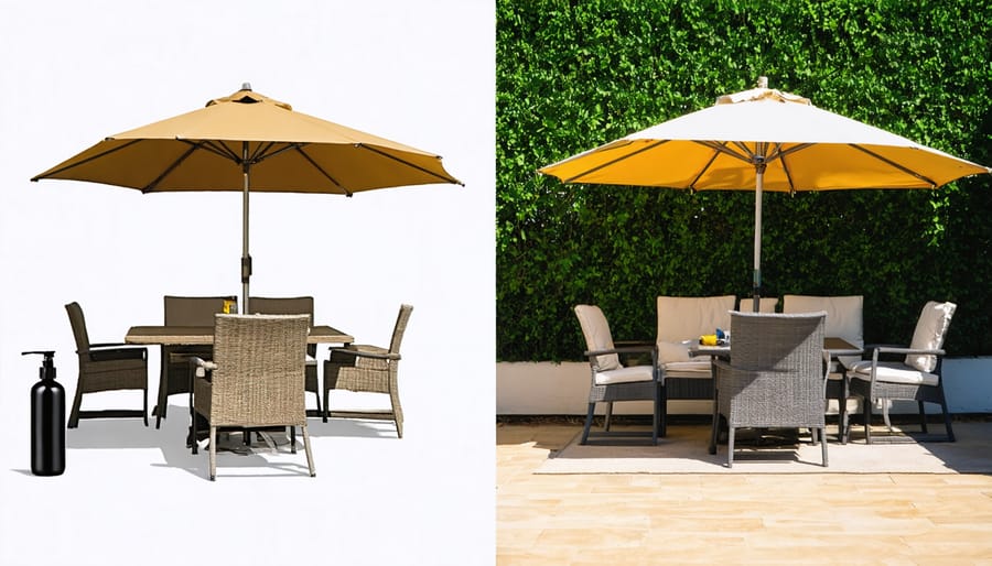Side-by-side comparison showing outdoor furniture under sun exposure; one set visibly faded and damaged while the other is vibrant and well-preserved, with a protective cover and UV-resistant spray evident.