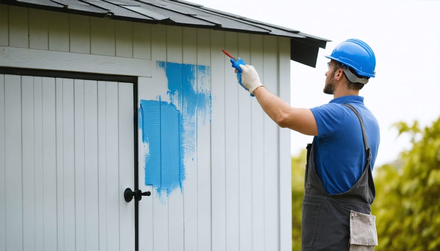 Proper paint application technique demonstration using roller and brush on shed exterior