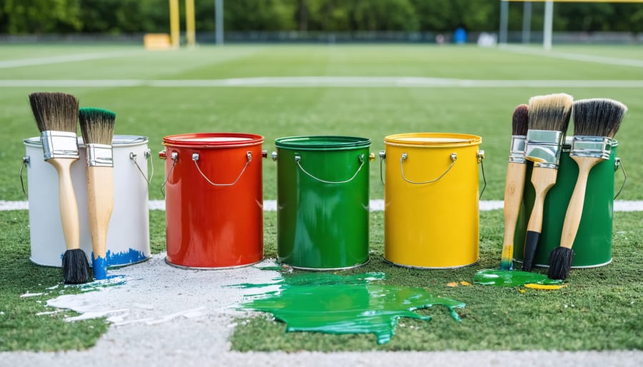 A collection of exterior paint cans including oil-based, acrylic latex, and epoxy options, suitable for shed maintenance and field marking. Brushes and a wooden shed are visible in the background, emphasizing durability and weather resistance for outdoor projects.