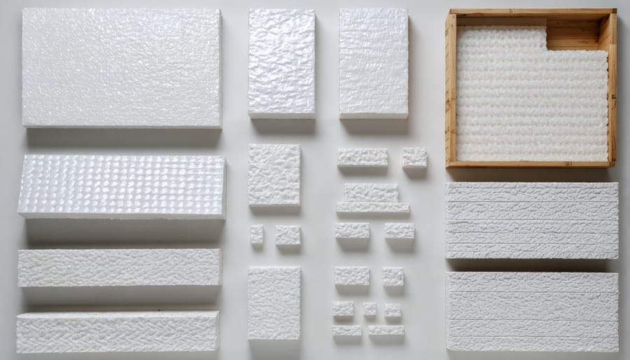 Display of various plastic insulation materials including reflective foil, rigid foam boards, and spray foam