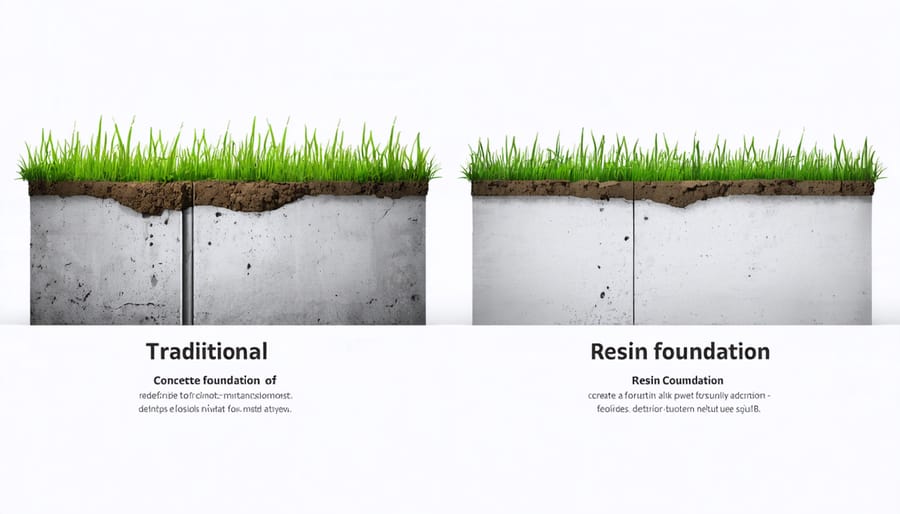 Comparison diagram showing traditional concrete foundation and eco-friendly resin foundation with labeled benefits
