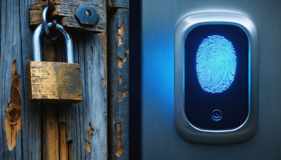 Conceptual image contrasting a traditional padlock with a modern biometric fingerprint scanner on shed doors, symbolizing the transition from old to new shed security methods.