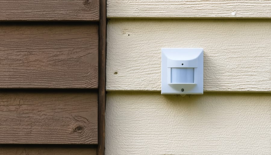 Person installing a security motion sensor on the exterior corner of a wooden shed