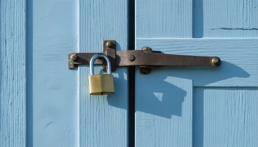 Professional-grade security hasp and padlock mounted on wooden shed door