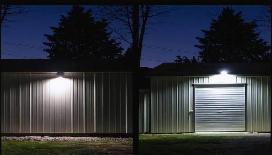 Before and after comparison of motion-sensor lights activating around a garden shed