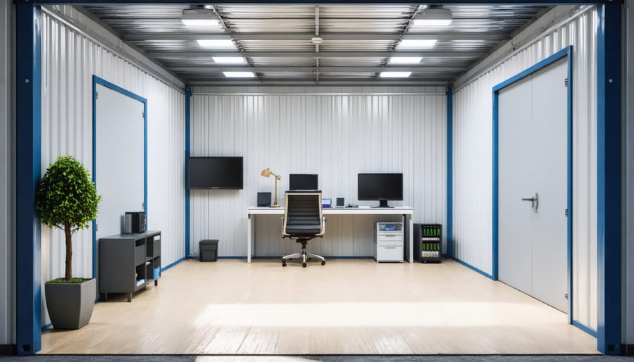 Well-designed interior of a shed office with ergonomic workspace and modern amenities