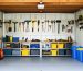 A dramatic comparison of a cluttered shed and its organized version, featuring neatly zoned areas with vertical storage solutions like pegboards, labeled bins, and ceiling-mounted racks.