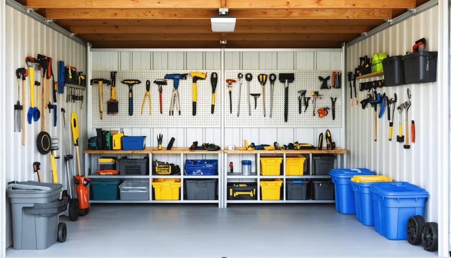 A dramatic comparison of a cluttered shed and its organized version, featuring neatly zoned areas with vertical storage solutions like pegboards, labeled bins, and ceiling-mounted racks.