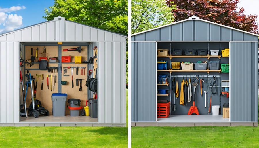 Split image showing disorganized shed transformed with proper shelving and organization