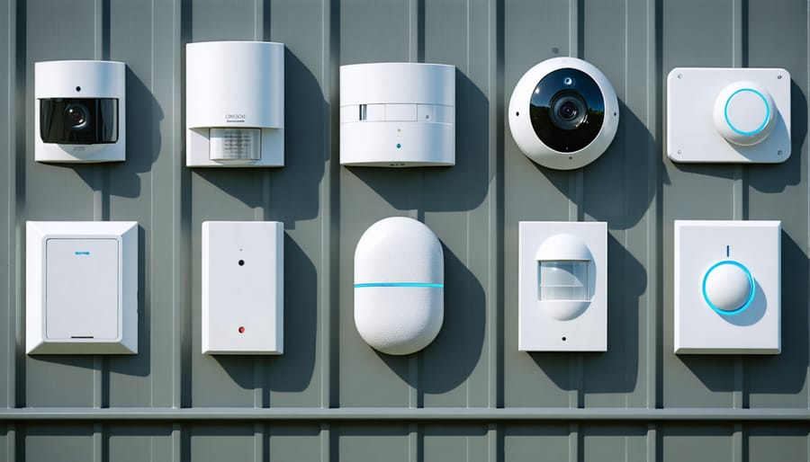 Various types of shed security devices displayed on a clean background