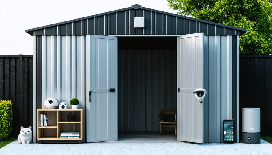 Security system installation in shed with visible cameras, digital lock, and sensor array