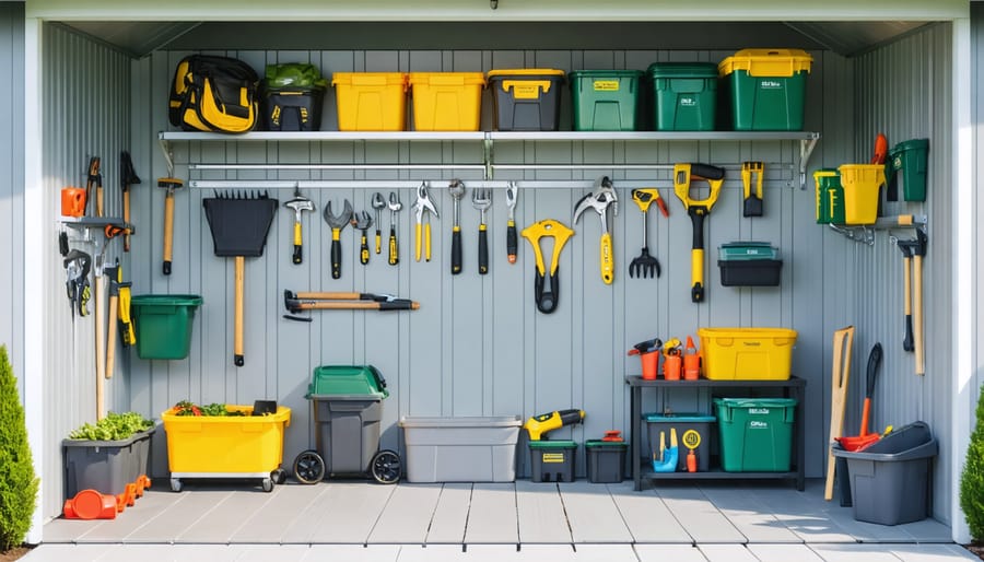 A fully organized shed interior featuring various shelving types like wall-mounted, corner, and overhead storage. The image displays neatly arranged tools, gardening supplies, and bins, illustrating the efficiency of smart shelving solutions.