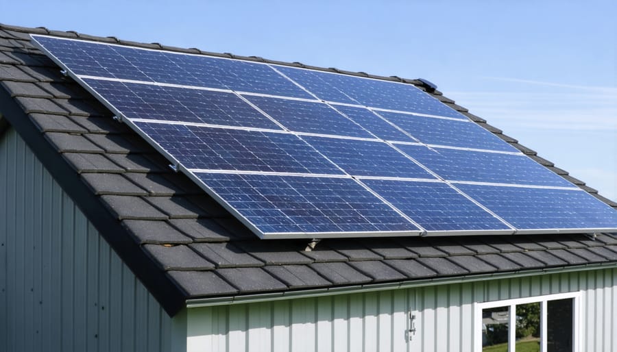 Rooftop solar panels on shed with digital energy monitoring interface