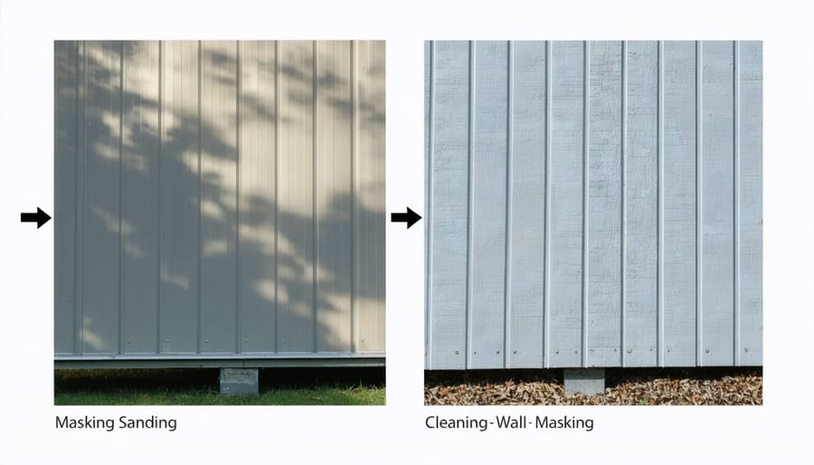 Surface preparation process for shed painting including sanding and masking techniques