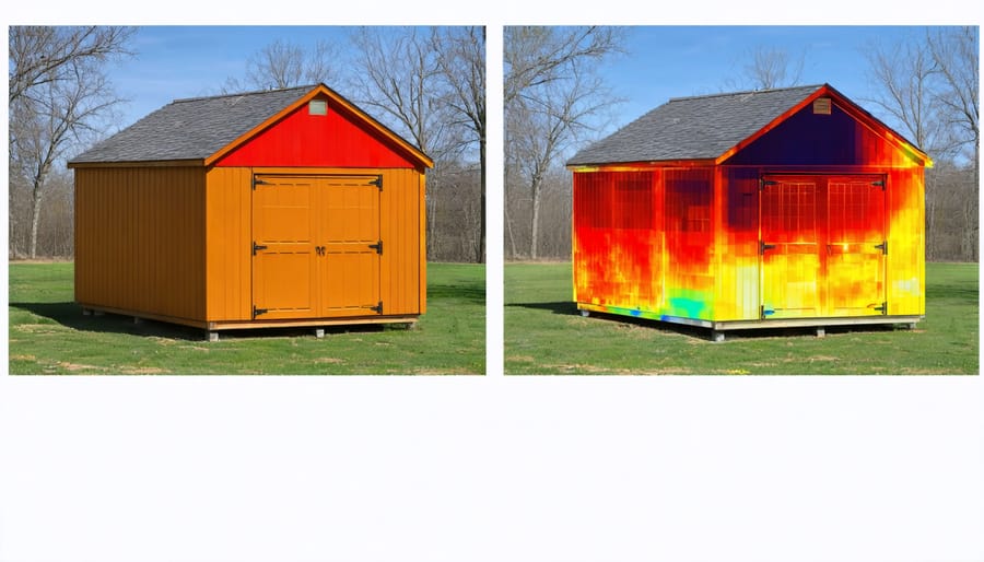 Thermal image comparison showing heat loss in uninsulated shed versus well-insulated shed