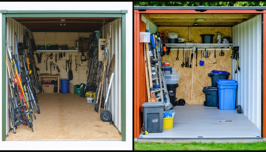 Split image showing transformation from disorganized shed to well-organized storage space with labeled zones