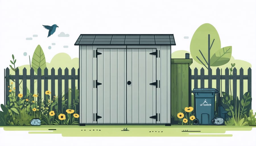 Diagram highlighting vulnerable areas of a garden shed including windows, doors, and locks
