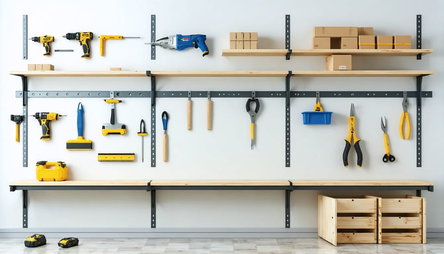 Step-by-step wall shelf installation showing tools and mounting hardware