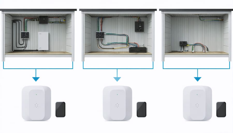 Installation diagram of smart hub components in a storage shed