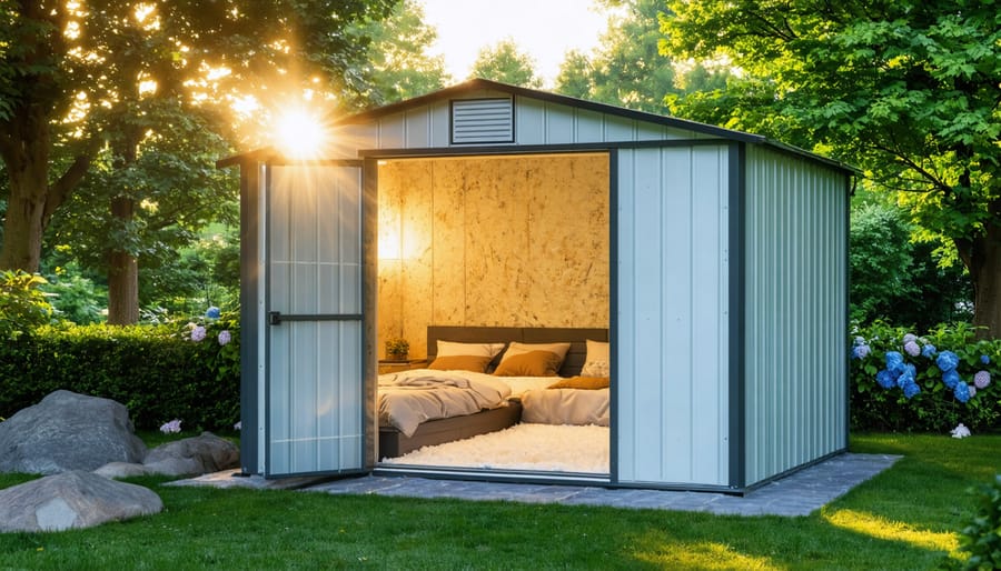A well-insulated plastic shed displaying various insulation techniques like reflective foil and spray foam, set in a garden environment with contrasting weather conditions, representing year-round coziness.