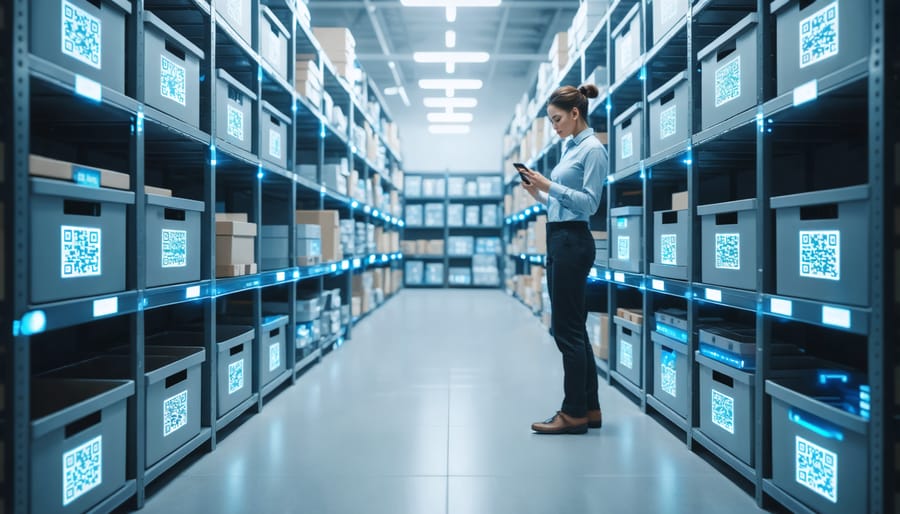 Person using smartphone to scan QR codes on organized storage containers in a modern shed